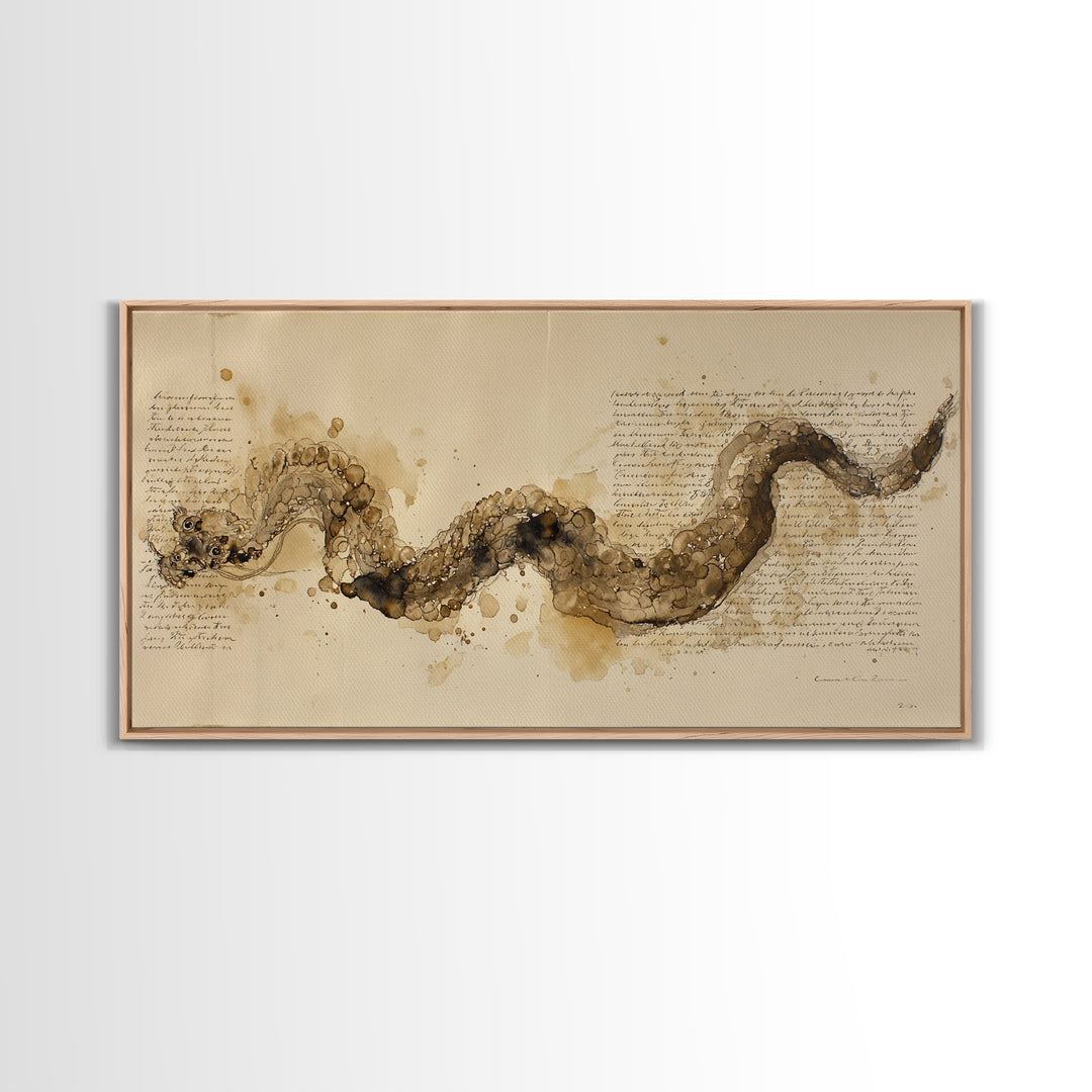 Ink Wash Dragon Curve Framed Canvas Print, Calligraphy Art, Art, Living Room Decor, Fine Art, Script, Unique Wall Art, CAL-2x1-29