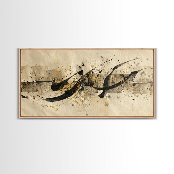 Minimal Black Calligraphy Rhythm Framed Canvas Print, Calligraphy Art, Digital Print, Living Room Decor, Fine Art, Script, CAL-2x1-3