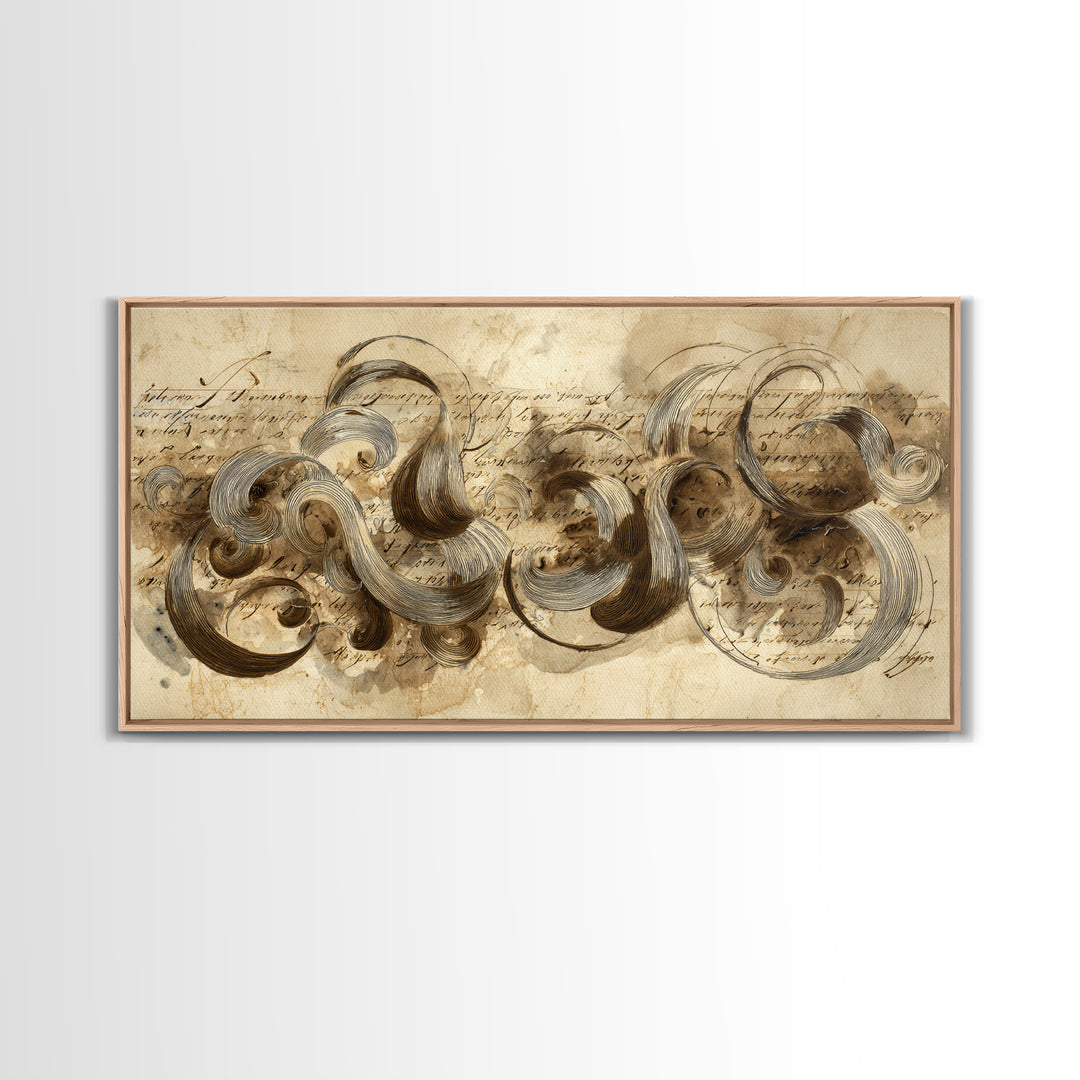 Baroque Scrollwork Made from Looping Pen Strokes Canvas Print, Calligraphy Art, Contemporary Art, Living Room Decor, Script, CAL-2x1-32