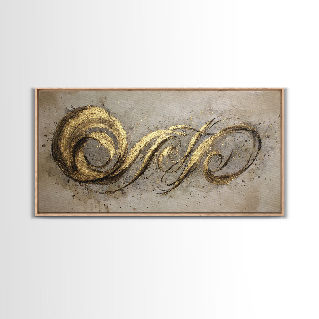 Gold Leaf Calligraphic Spiral on Plaster Surface Canvas Print, Calligraphy Art, Art Print, Living Room Decor, Script, CAL-2x1-34