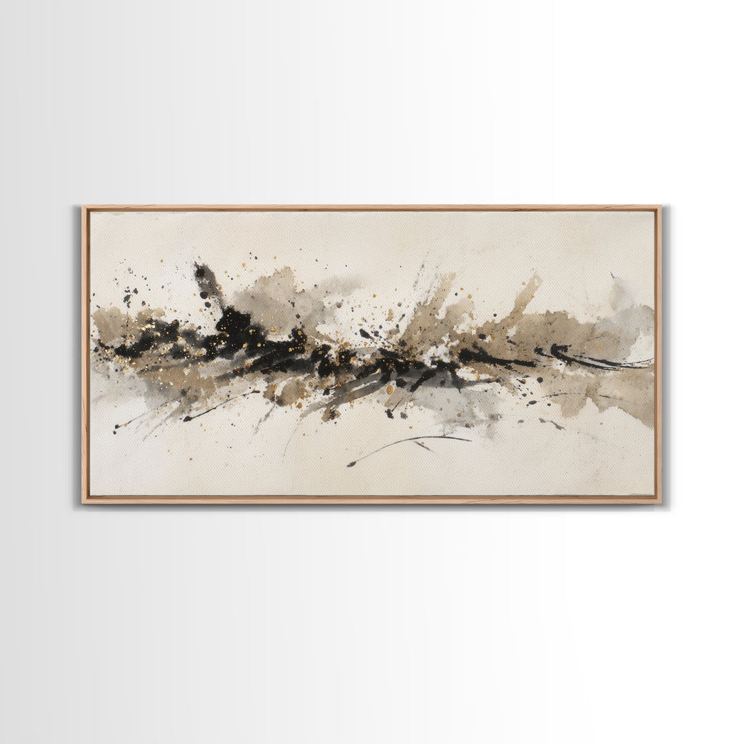 Ink Splatter and Long Brushstroke Composition Canvas Print, Calligraphy Art, Wall Art, Living Room Decor, Fine Art, Script, CAL-2x1-36