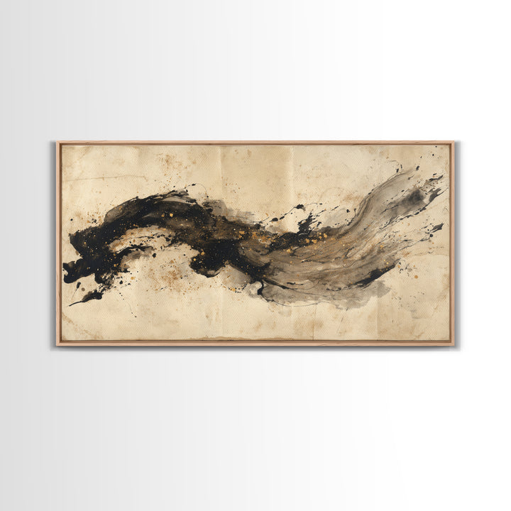 Large Sweeping Black Ink Gesture Like a Framed Canvas Print, Calligraphy Art, Prints, Living Room Decor, Fine Art, Script, CAL-2x1-45