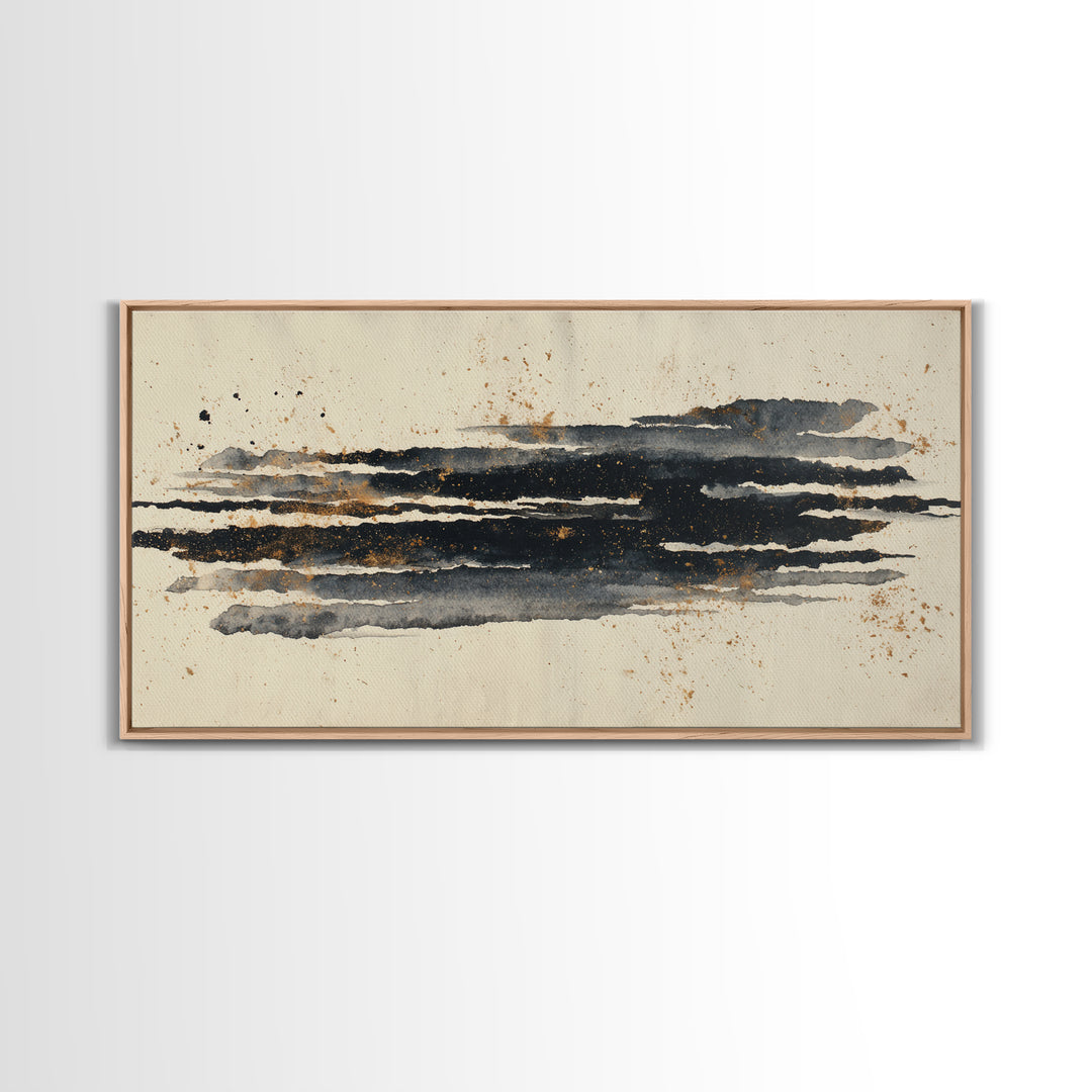 Layered Copper Ink Strokes on Dark Navy Framed Canvas Print, Calligraphy Art, Minimalist Decor, Living Room Decor, Script, CAL-2x1-50