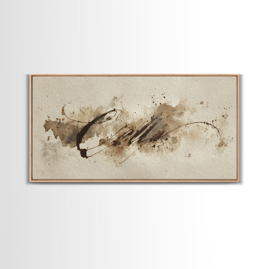Ink Splatter and Long Brushstroke Composition Framed Canvas Print, Calligraphy Art, Prints, Living Room Decor, Fine Art, Script, CAL-2x1-60