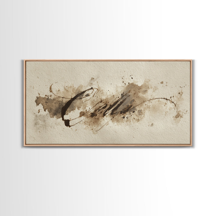 Ink Splatter and Long Brushstroke Composition Framed Canvas Print, Calligraphy Art, Prints, Living Room Decor, Fine Art, Script, CAL-2x1-60