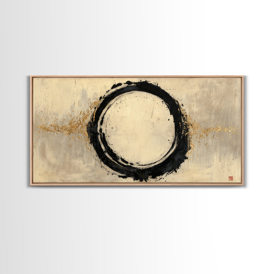 Japanese Brush Mark Circle Framed Canvas Print, Calligraphy Art, Printable Wall Art, Living Room Decor, Fine Art, Script, CAL-2x1-72