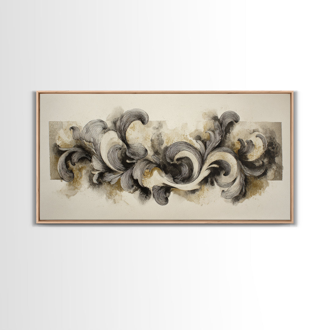 Baroque Scrollwork Made from Looping Pen Strokes Framed Canvas Print, Calligraphy Art, Japanese Art, Living Room Decor, Script, CAL-2x1-80