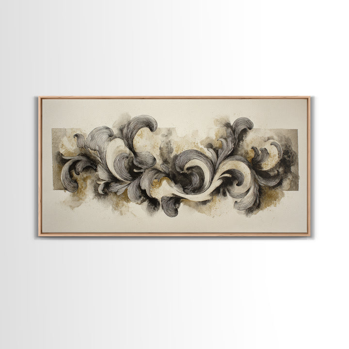 Baroque Scrollwork Made from Looping Pen Strokes Framed Canvas Print, Calligraphy Art, Japanese Art, Living Room Decor, Script, CAL-2x1-80