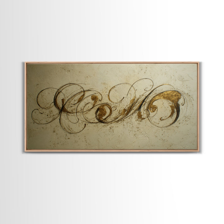 Gold Leaf Calligraphic Spiral on Plaster Surface Canvas Print, Calligraphy Art, Wall Art, Living Room Decor, Watercolor Art, CAL-2x1-82