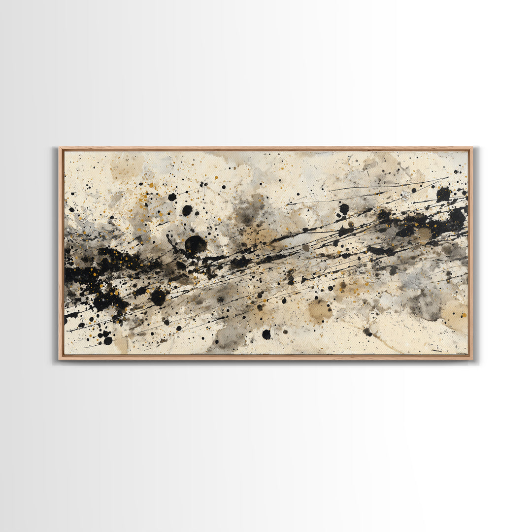 Ink Splatter and Long Brushstroke Composition Canvas Print, Calligraphy Art, Living Room Wall Art, Living Room Decor, Script, CAL-2x1-84