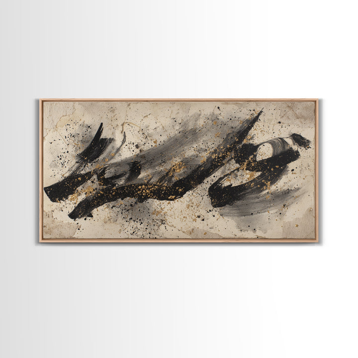 Monochrome Brush Alphabet Fragments as Abstract Texture Canvas Print, Calligraphy Art, Living Room Decor, Script, CAL-2x1-9