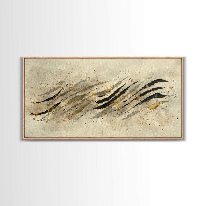 Abstract Gold Calligraphic Strokes on Ivory Paper Canvas Print, Calligraphy Art, Wall Decor, Living Room Decor, Script, CAL-2x1-94