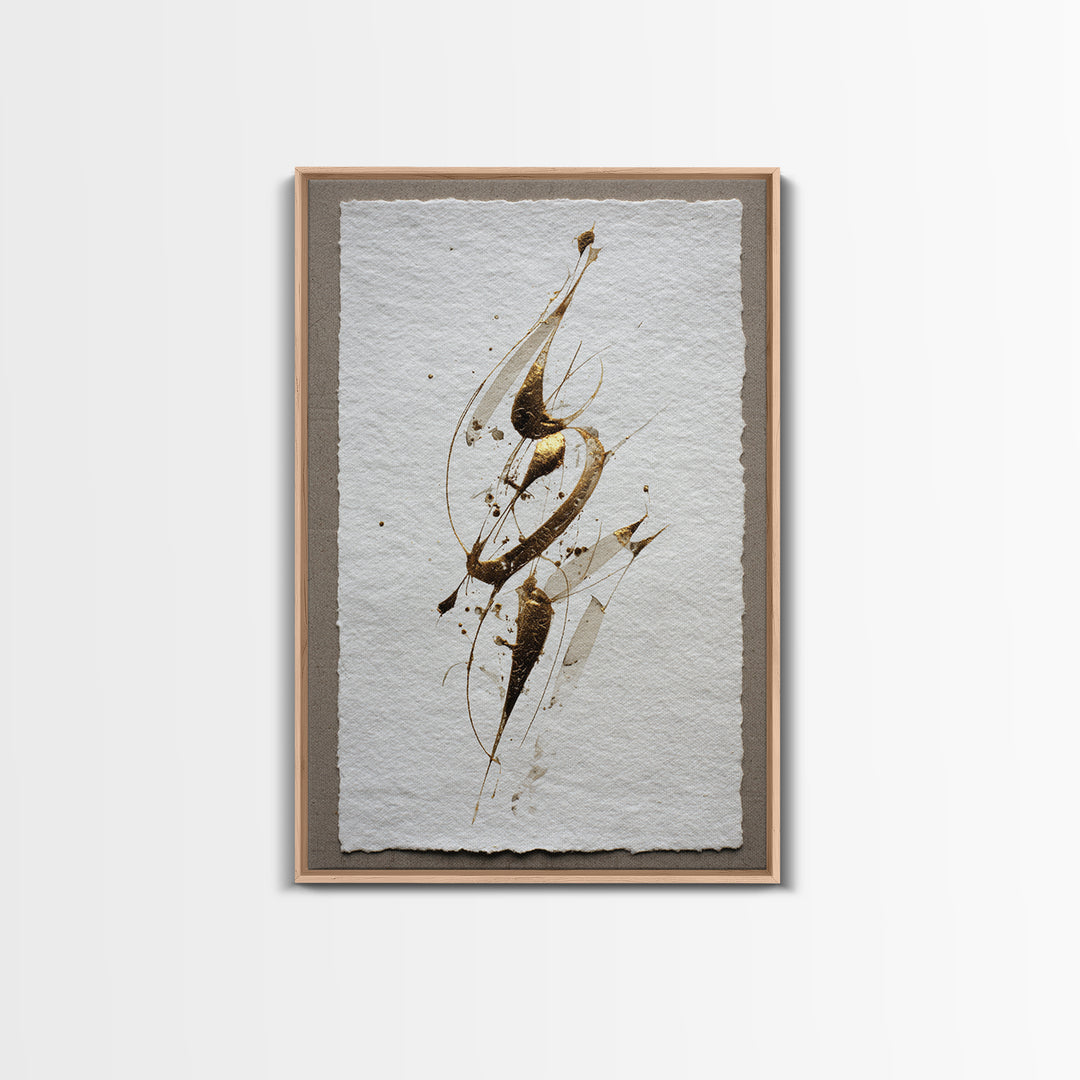 Abstract Gold Calligraphic Strokes on Ivory Paper Canvas Print, Calligraphy Art, Luxury Decor, Living Room Decor, Script, CAL-2x3-10
