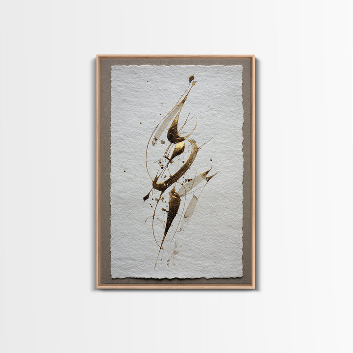 Abstract Gold Calligraphic Strokes on Ivory Paper Canvas Print, Calligraphy Art, Luxury Decor, Living Room Decor, Script, CAL-2x3-10