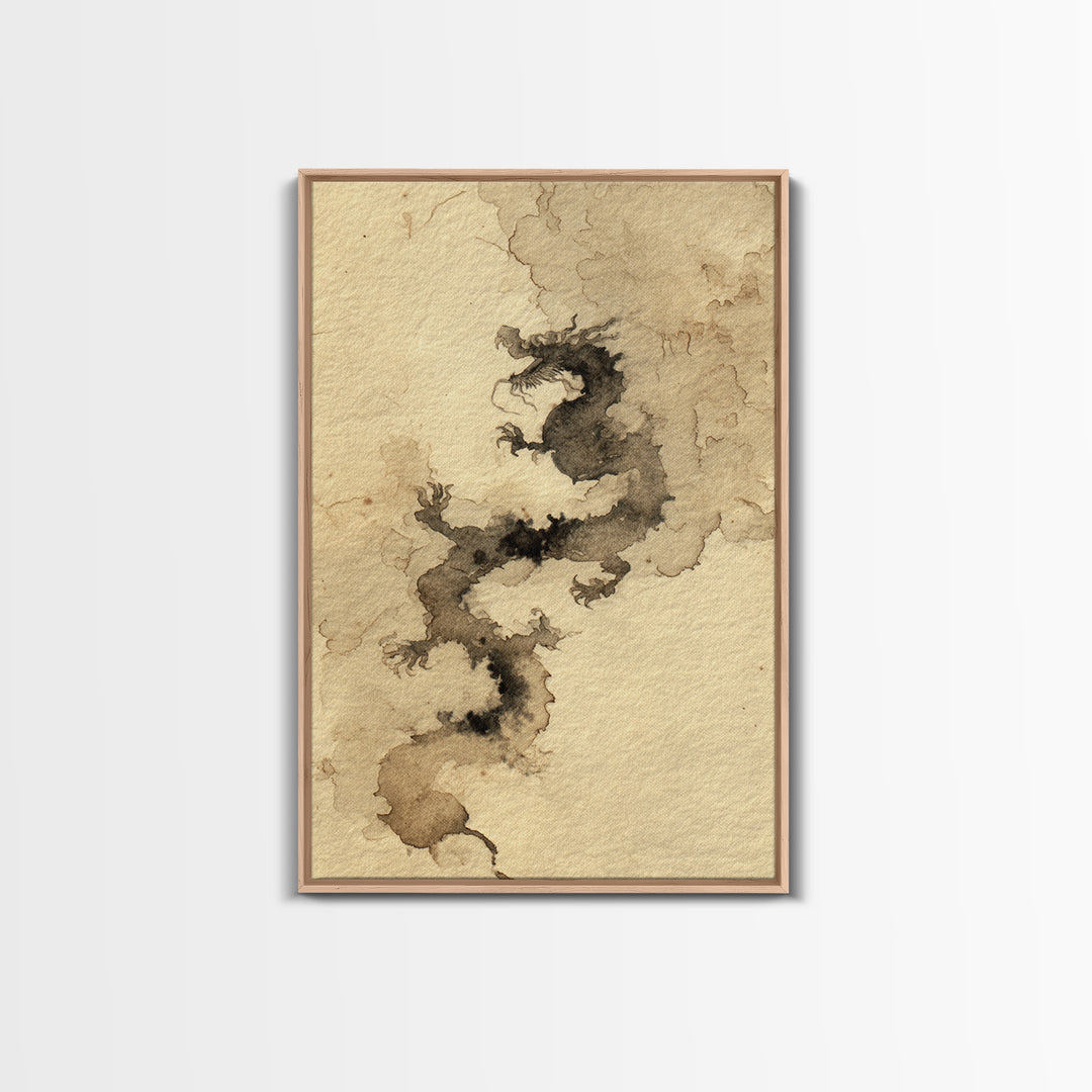 Ink Wash Dragon Curve Framed Canvas Print, Calligraphy Art, Painting, Living Room Decor, Fine Art, Script, Japanese Art, CAL-2x3-17