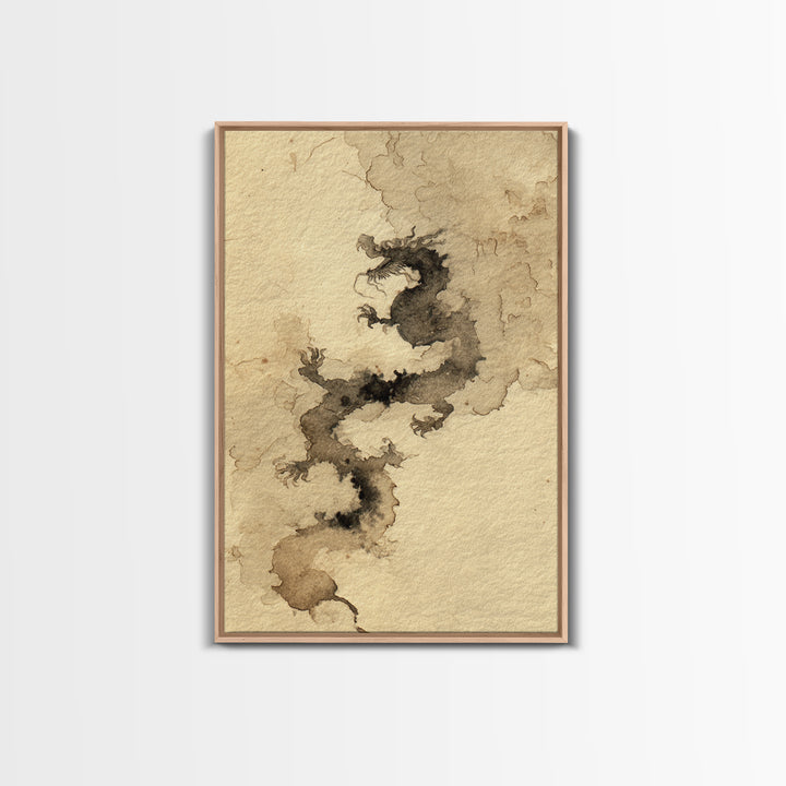 Ink Wash Dragon Curve Framed Canvas Print, Calligraphy Art, Painting, Living Room Decor, Fine Art, Script, Japanese Art, CAL-2x3-17