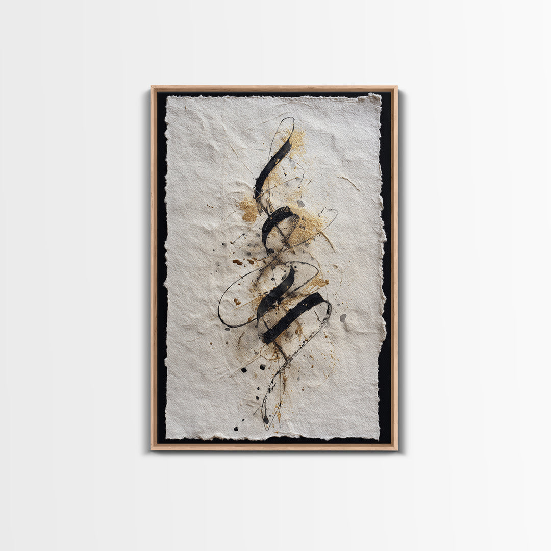 Gold Leaf Calligraphic Spiral on Plaster Surface Canvas Print, Calligraphy Art, Textured Painting, Living Room Decor, Script, CAL-2x3-22