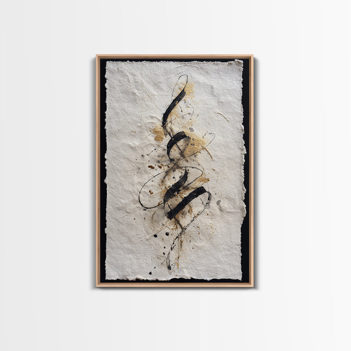 Gold Leaf Calligraphic Spiral on Plaster Surface Canvas Print, Calligraphy Art, Textured Painting, Living Room Decor, Script, CAL-2x3-22