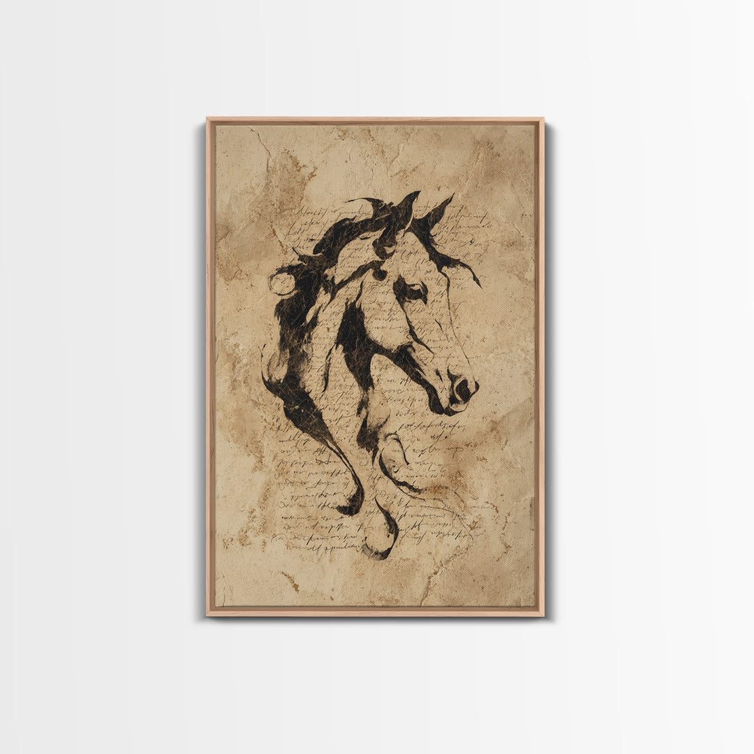 Calligraphic Horse Silhouette Made from One Line Framed Canvas Print, Calligraphy Art, Wall Art, Living Room Decor, Script, CAL-2x3-25