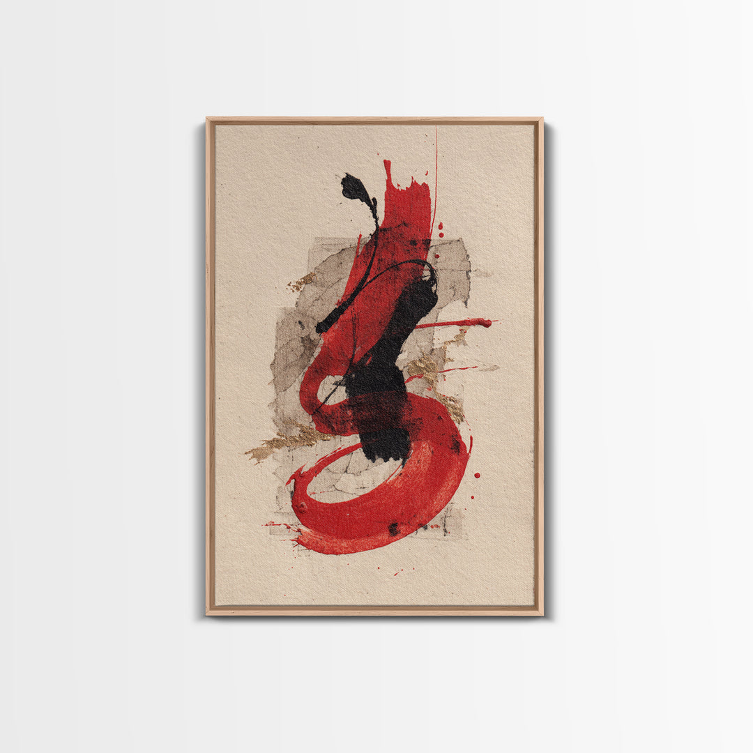 Bold Red Brushstroke Seal Abstraction Framed Canvas Print, Calligraphy Art, Watercolor Print, Living Room Decor, Script, CAL-2x3-3