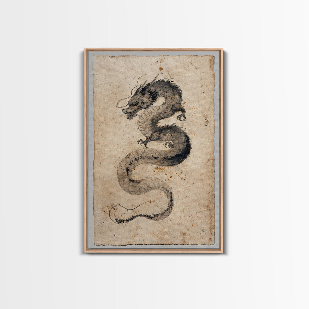 Ink Wash Dragon Curve Framed Canvas Print, Calligraphy Art, Painting, Living Room Decor, Fine Art, Script, Japanese Art, CAL-2x3-41