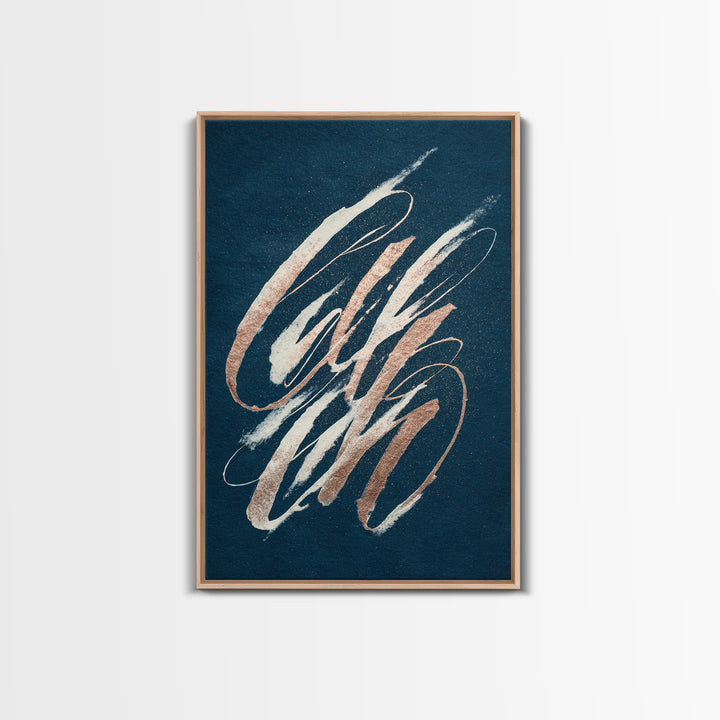 Layered Copper Ink Strokes on Dark Navy Canvas Print, Calligraphy Art, Prints, Living Room Decor, Script, Bedroom Wall Decor, CAL-2x3-62