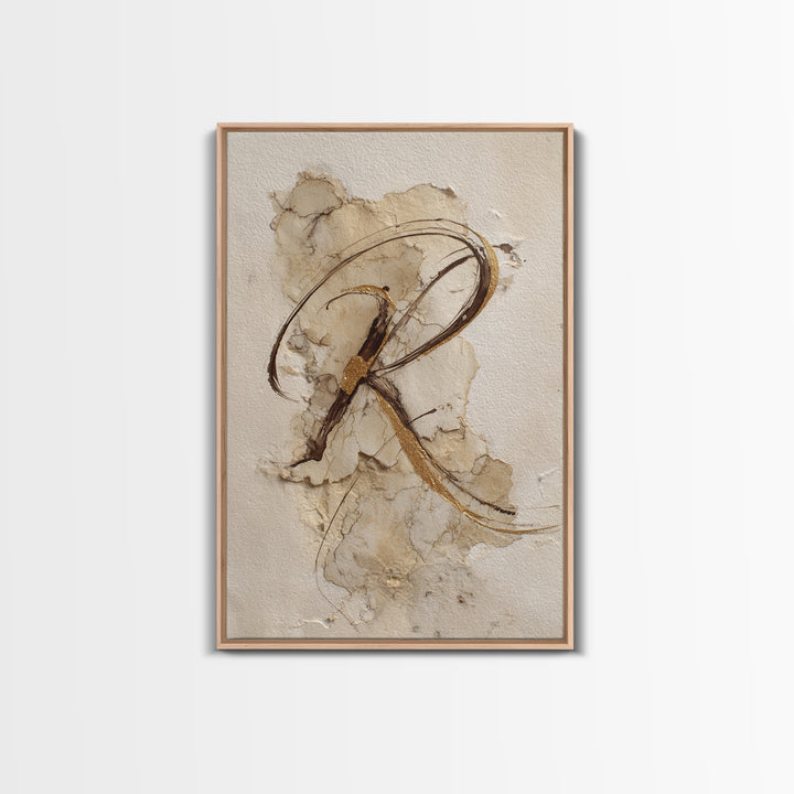 Gold Leaf Calligraphic Spiral on Plaster Surface Canvas Print, Calligraphy Art, Art, Living Room Decor, Oil Painting, Script, CAL-2x3-70