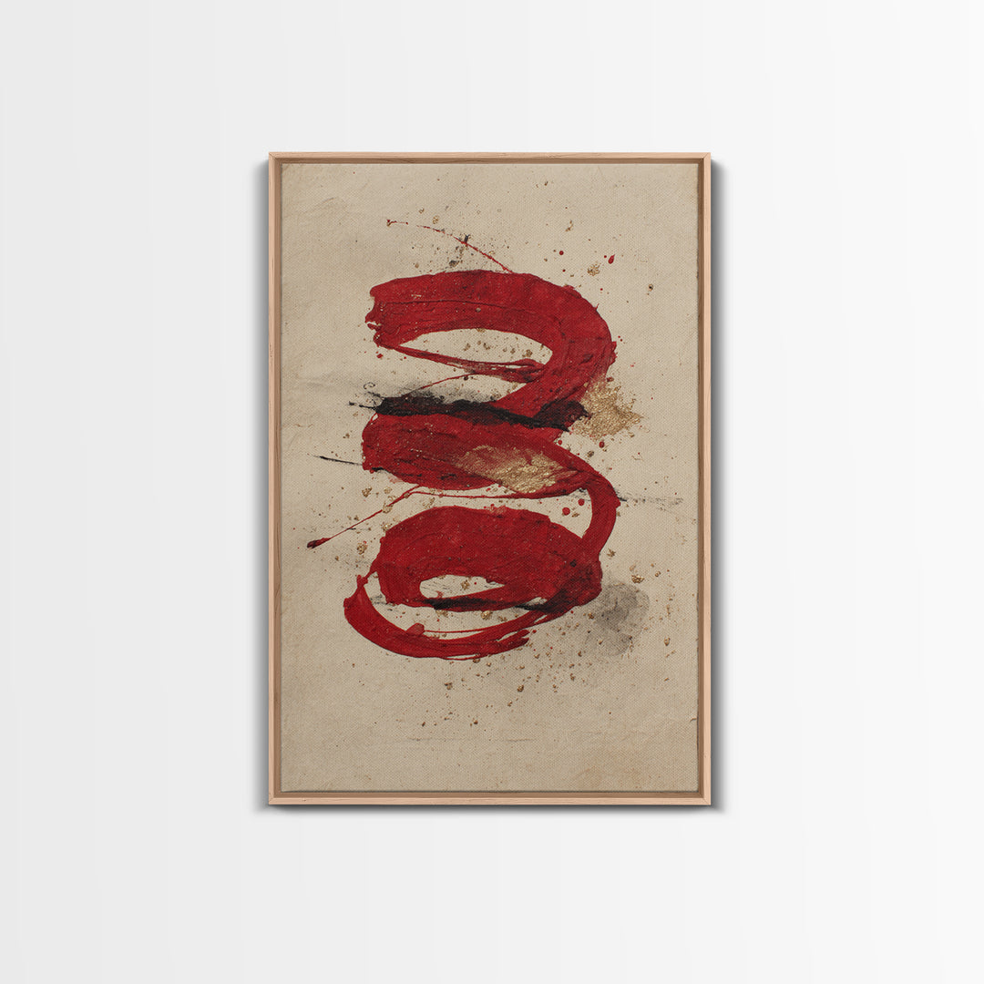Bold Red Brushstroke Seal Abstraction Framed Canvas Print, Calligraphy Art, Print, Living Room Decor, Fine Art, Script, CAL-2x3-75