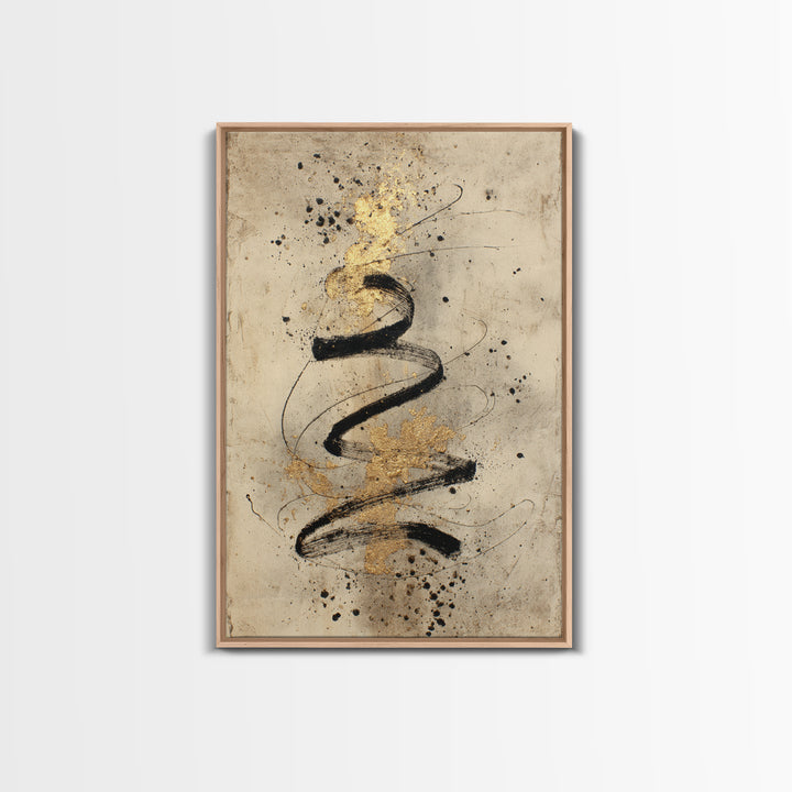 Gold Leaf Calligraphic Spiral on Plaster Surface Canvas Print, Calligraphy Art, Printable, Living Room Decor, Script, CAL-2x3-94