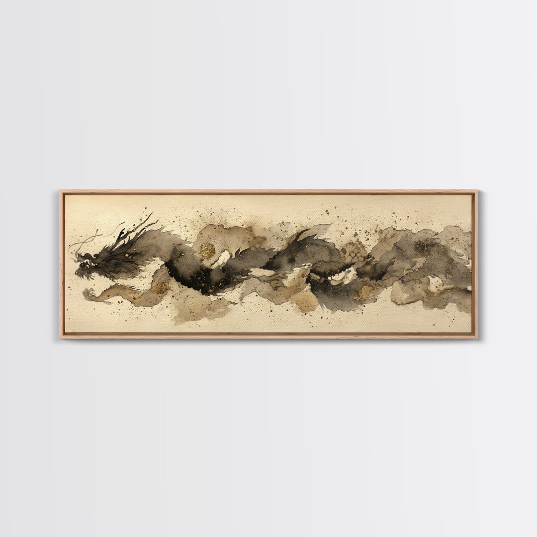 Ink Wash Dragon Curve Framed Canvas Print, Calligraphy Art, Wall Art Print, Living Room Decor, Fine Art, Script, Japanese Decor, CAL-3x1-1
