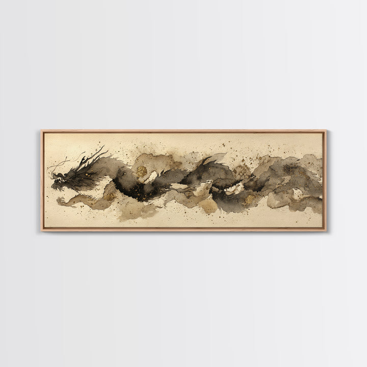 Ink Wash Dragon Curve Framed Canvas Print, Calligraphy Art, Wall Art Print, Living Room Decor, Fine Art, Script, Japanese Decor, CAL-3x1-1