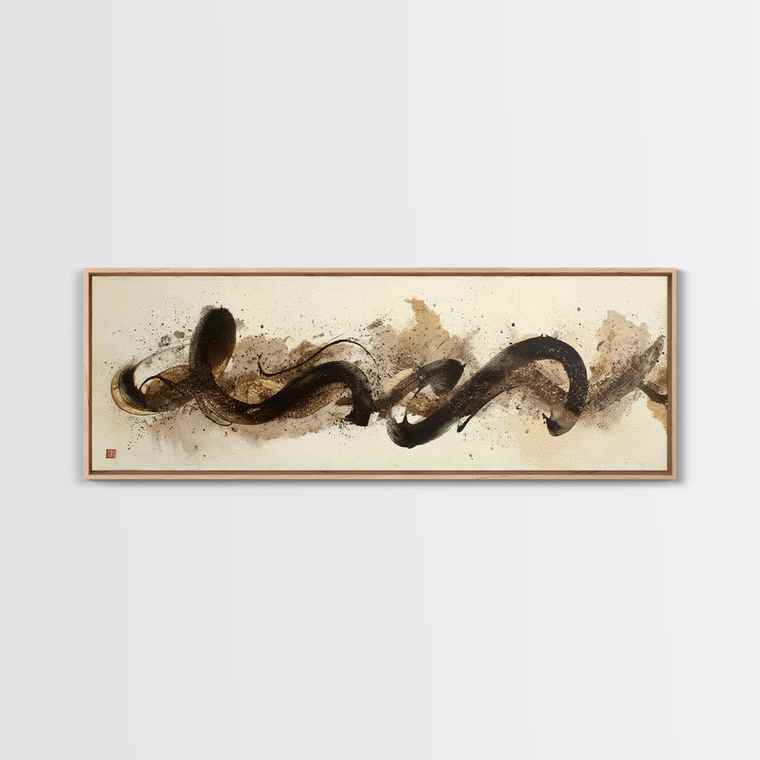 Abstract Gold Calligraphic Strokes on Ivory Paper Canvas Print, Calligraphy Art, Printable Wall Art, Living Room Decor, Script, CAL-3x1-18