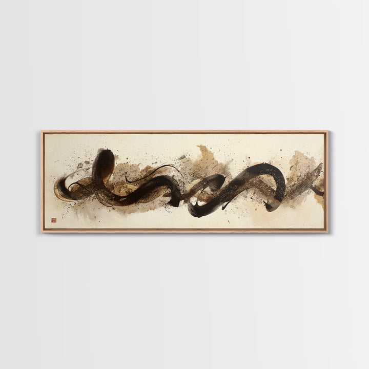 Abstract Gold Calligraphic Strokes on Ivory Paper Canvas Print, Calligraphy Art, Printable Wall Art, Living Room Decor, Script, CAL-3x1-18