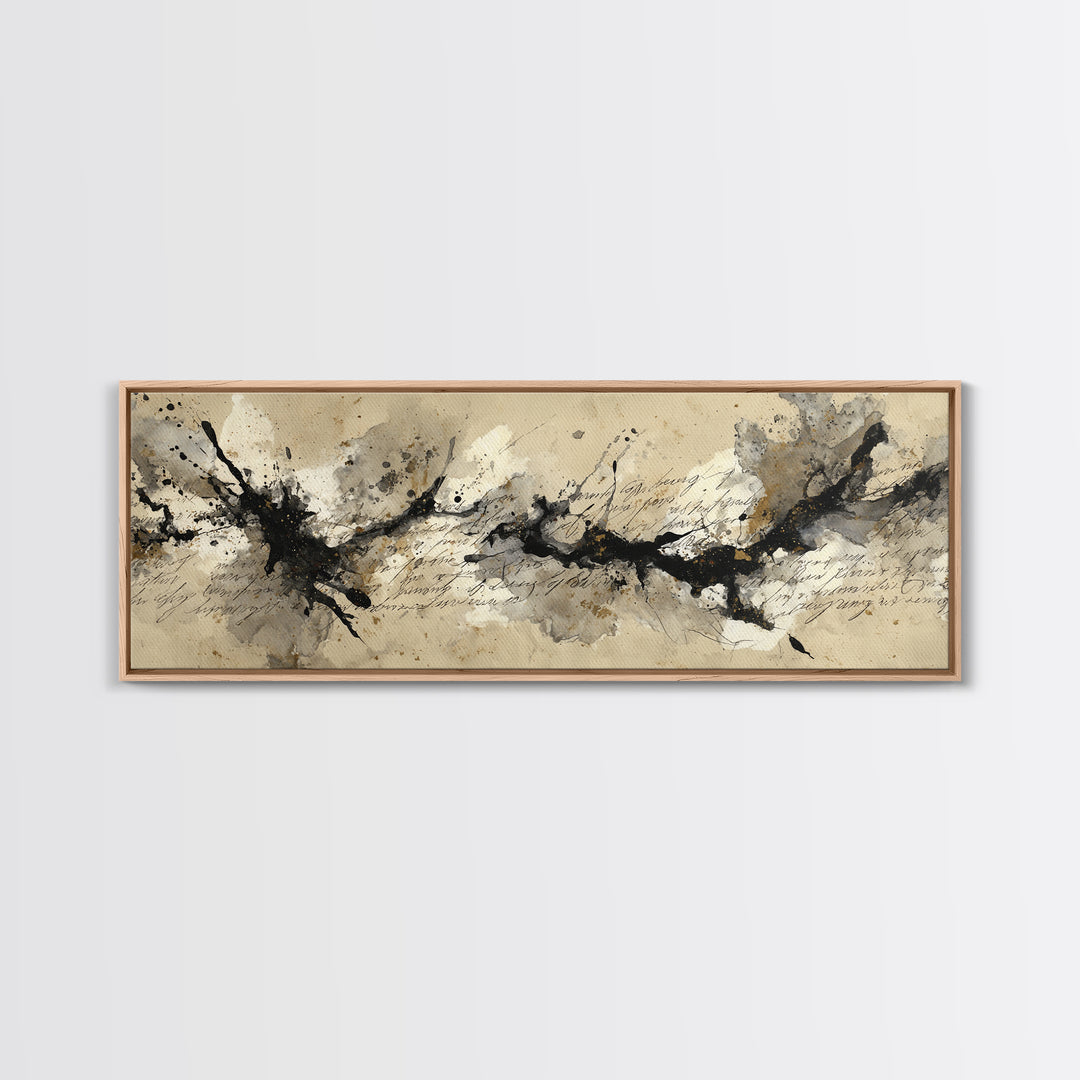 Ink Splatter and Long Brushstroke Composition Framed Canvas Print, Calligraphy Art, Quote Wall Art, Living Room Decor, Script, CAL-3x1-32