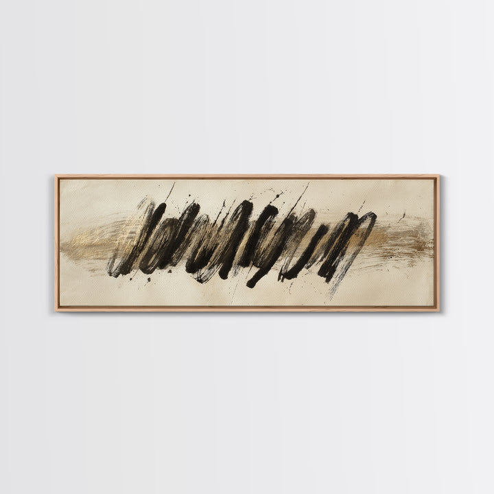 Abstract Gold Calligraphic Strokes on Ivory Paper Canvas Print, Calligraphy Art, Unique Wall Art, Living Room Decor, Script, CAL-3x1-42