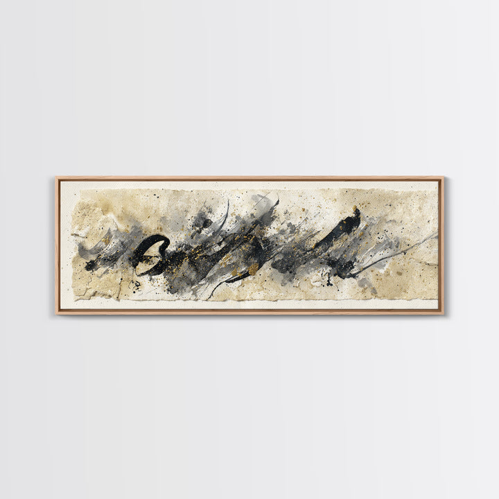 Monochrome Brush Alphabet Fragments as Abstract Texture Canvas Print, Calligraphy Art, Living Room Decor, Script, CAL-3x1-5