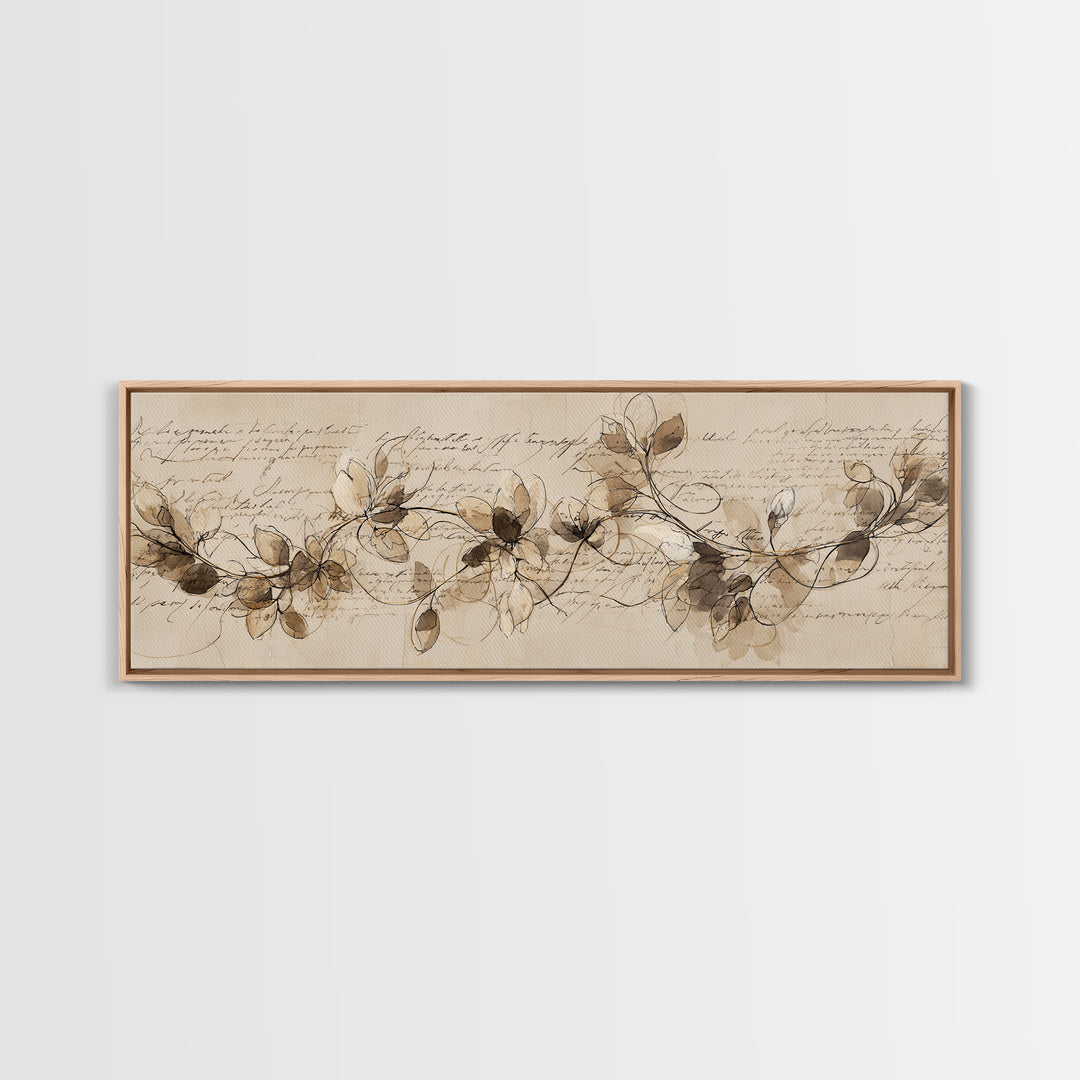 Floral Vine Created from Graceful Script Like Framed Canvas Print, Calligraphy Art, Living Room Decor, Oil Painting, Script, CAL-3x1-51