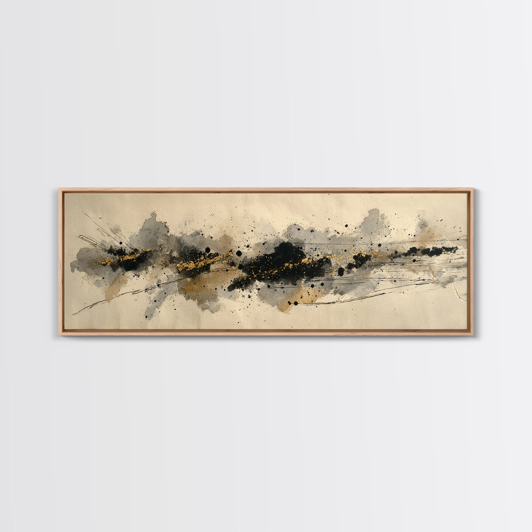 Ink Splatter and Long Brushstroke Composition Canvas Print, Calligraphy Art, Textured Painting, Living Room Decor, Script, CAL-3x1-56