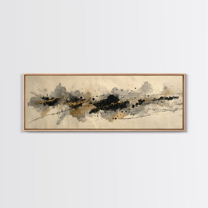 Ink Splatter and Long Brushstroke Composition Canvas Print, Calligraphy Art, Textured Painting, Living Room Decor, Script, CAL-3x1-56