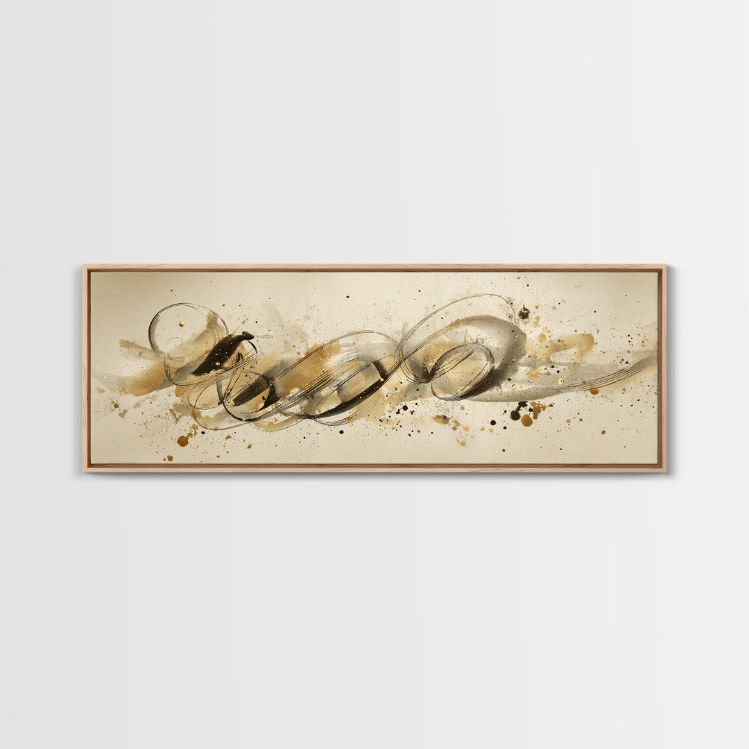 Abstract Gold Calligraphic Strokes on Ivory Paper Canvas Print, Calligraphy Art, Unique Wall Art, Living Room Decor, Script, CAL-3x1-66