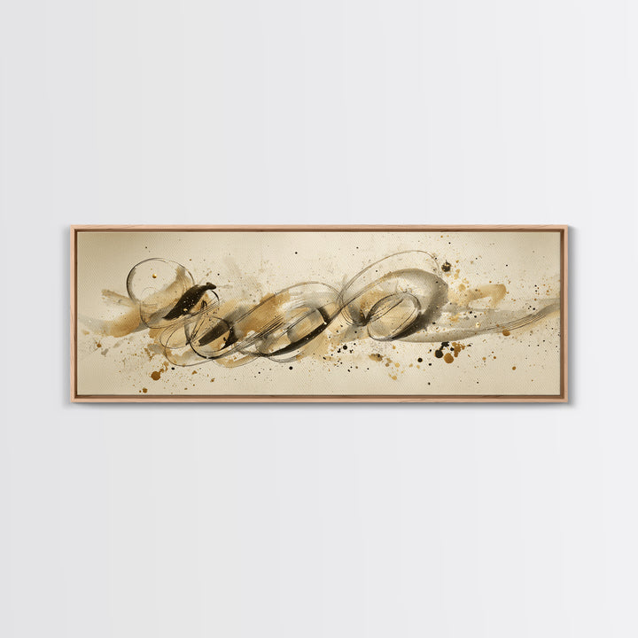 Abstract Gold Calligraphic Strokes on Ivory Paper Canvas Print, Calligraphy Art, Unique Wall Art, Living Room Decor, Script, CAL-3x1-66