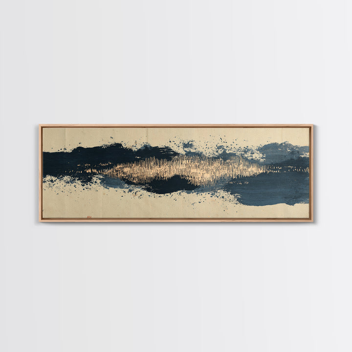 Layered Copper Ink Strokes on Dark Navy Canvas Print, Calligraphy Art, Living Room Wall Art, Living Room Decor, Script, CAL-3x1-94