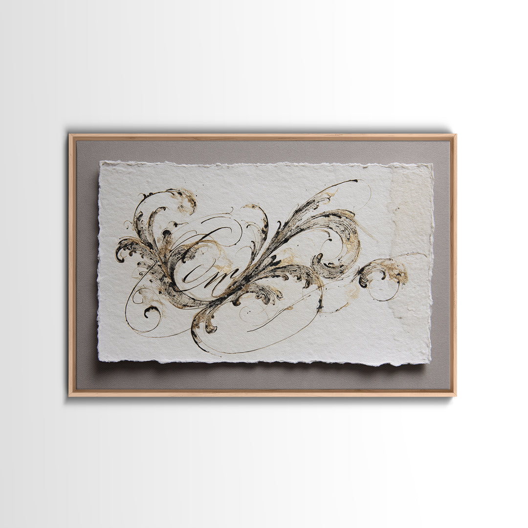 Baroque Scrollwork Made from Looping Pen Strokes Framed Canvas Print, Calligraphy Art, Custom Art, Living Room Decor, Script, CAL-3x2-40