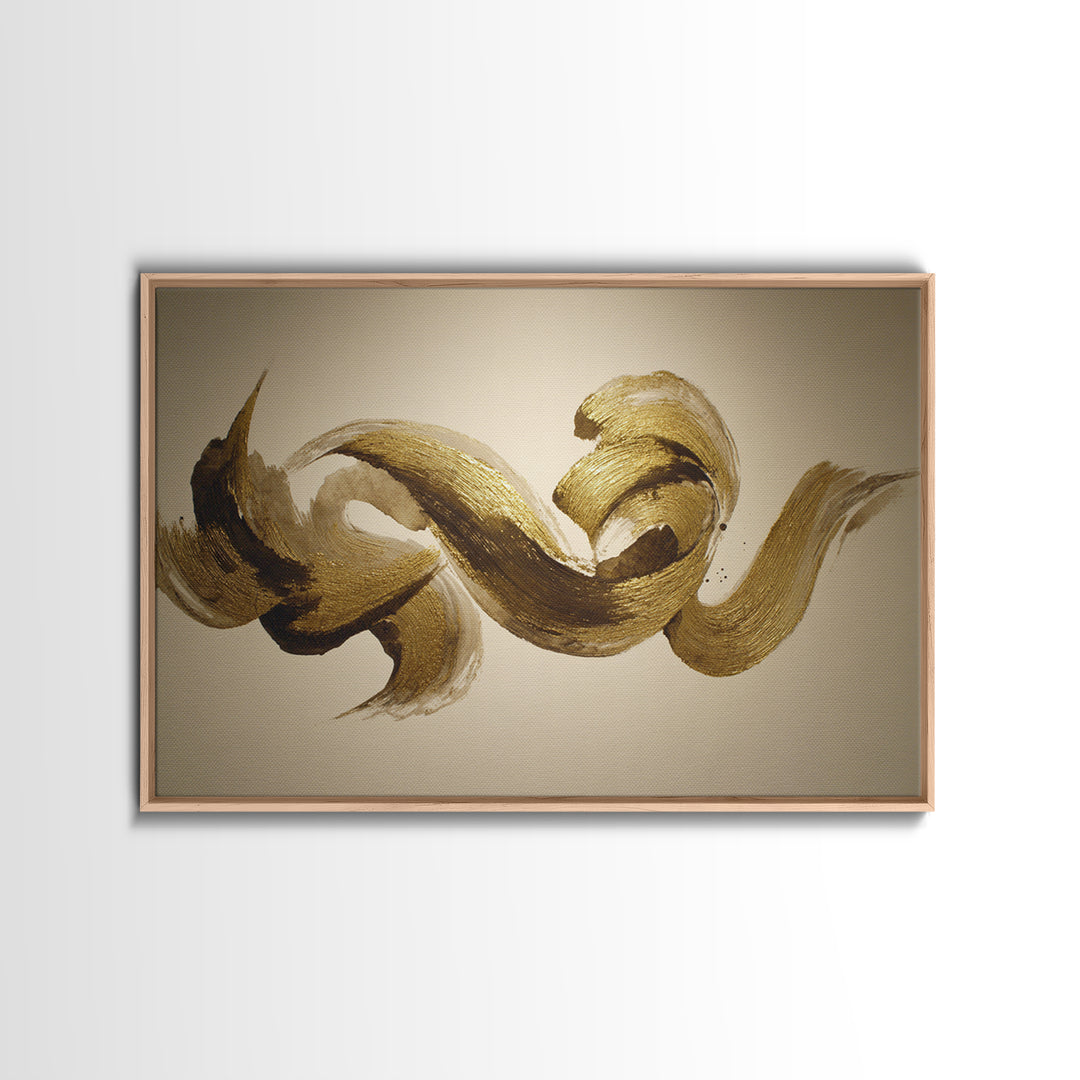 Abstract Gold Calligraphic Strokes on Ivory Paper Canvas Print, Calligraphy Art, Digital Print, Living Room Decor, Script, CAL-3x2-6