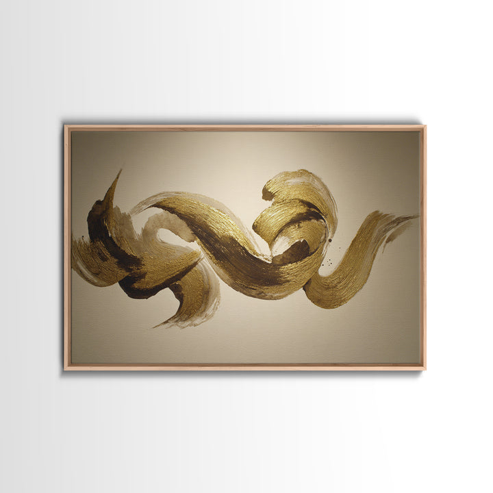 Abstract Gold Calligraphic Strokes on Ivory Paper Canvas Print, Calligraphy Art, Digital Print, Living Room Decor, Script, CAL-3x2-6