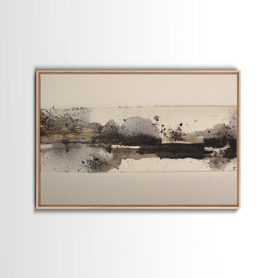 Ink Splatter and Long Brushstroke Composition Canvas Print, Calligraphy Art, Neutral Decor, Living Room Decor, Fine Art, Script, CAL-3x2-68