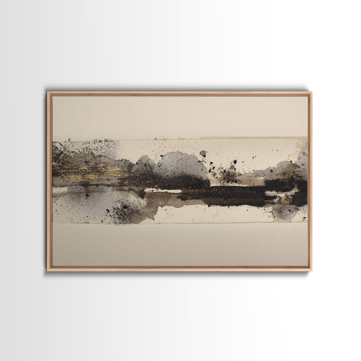Ink Splatter and Long Brushstroke Composition Canvas Print, Calligraphy Art, Neutral Decor, Living Room Decor, Fine Art, Script, CAL-3x2-68