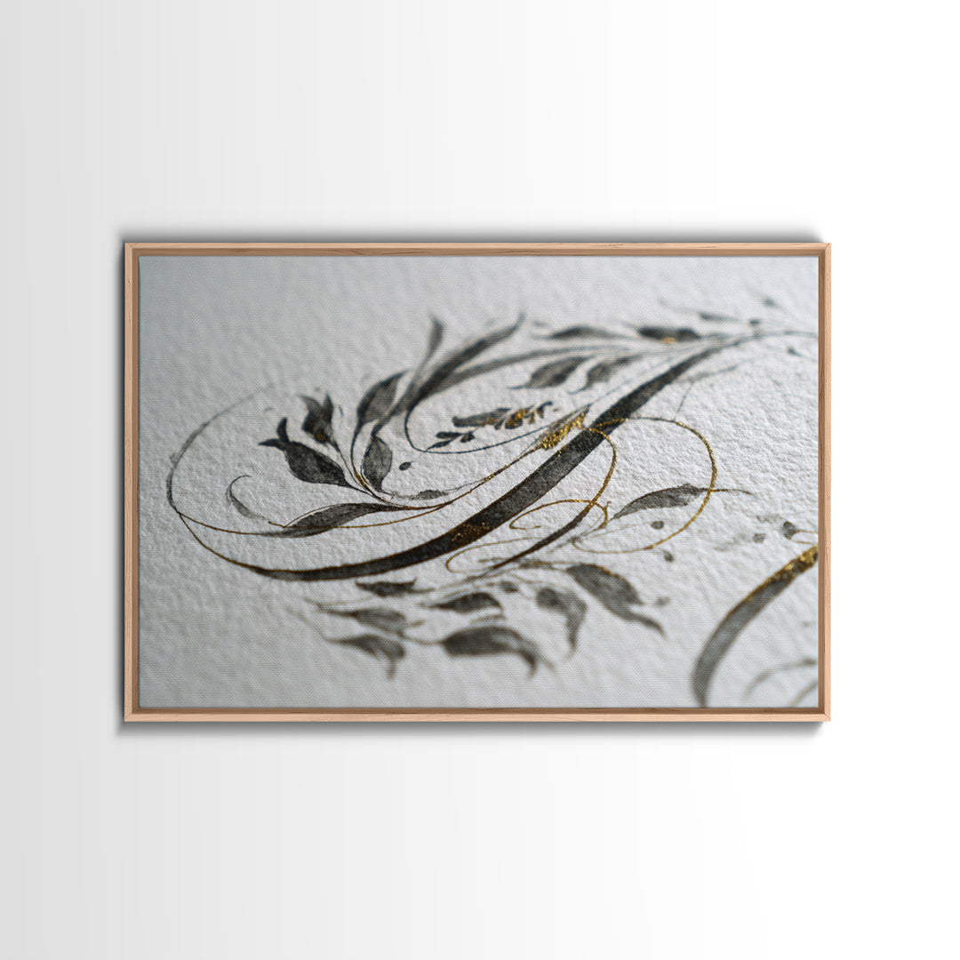 Botanical Calligraphy Pattern Framed Canvas Print, Calligraphy Art, Modern Wall Art, Living Room Decor, Fine Art, Script, CAL-3x2-74