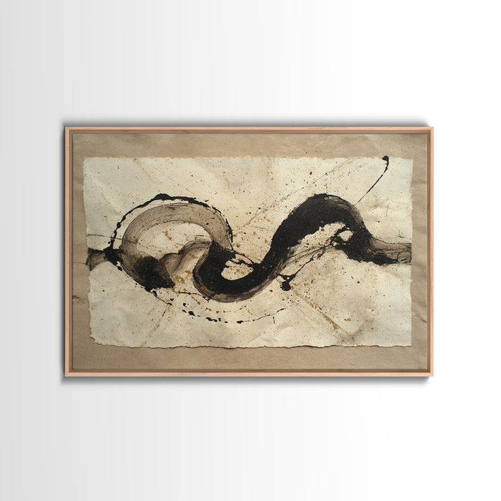 Large Sweeping Black Ink Gesture Like a Framed Canvas Print, Calligraphy Art, Gallery Decor, Living Room Decor, Script, CAL-3x2-77