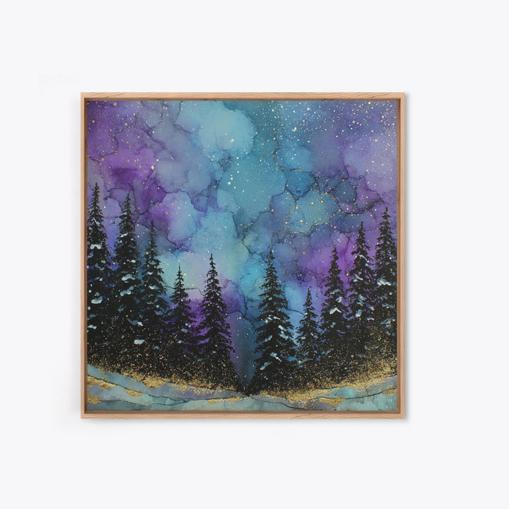 Aurora Borealis over Snowy Pines Framed Canvas Print, Celestial Art, Art Nouveau Decor, Living Room Decor, Fine Art, Celestial, CEL-1x1-41